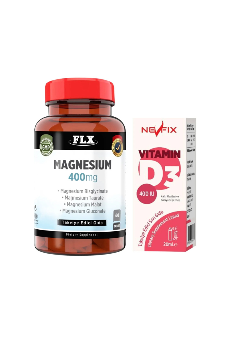 قرص منیزیم،بیس گلیسینات Nevfix به همراه قطره ویتامین D3 -بسته 60 عددی