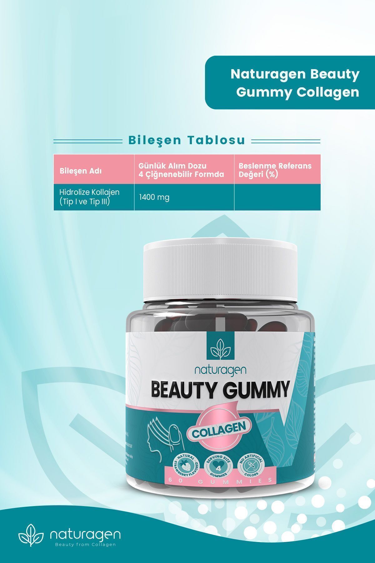 پاستیل جویدنی کلاژن تیپ 1و3 Naturagen – بسته 60 عددی