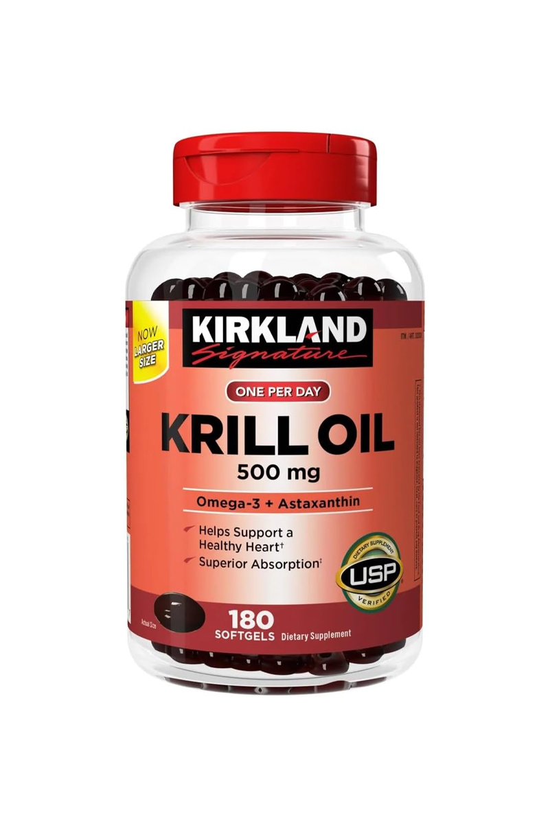 سافت ژل روغن کریل 500 میلی گرم حاوی امگا۳ و آستاگزانتین KIRKLAND - بسته 180 عددی