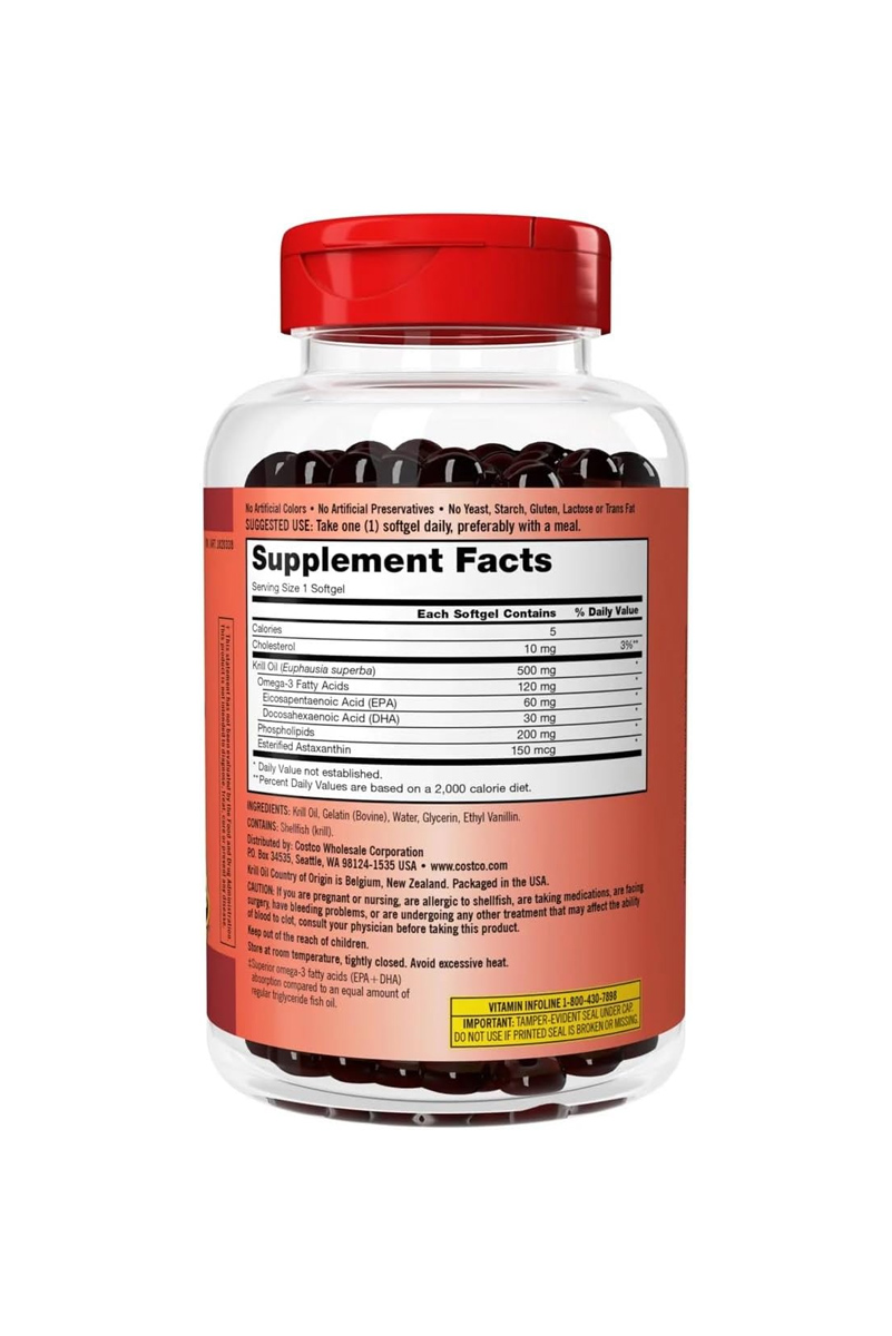سافت ژل روغن کریل 500 میلی گرم حاوی امگا۳ و آستاگزانتین KIRKLAND - بسته 180 عددی