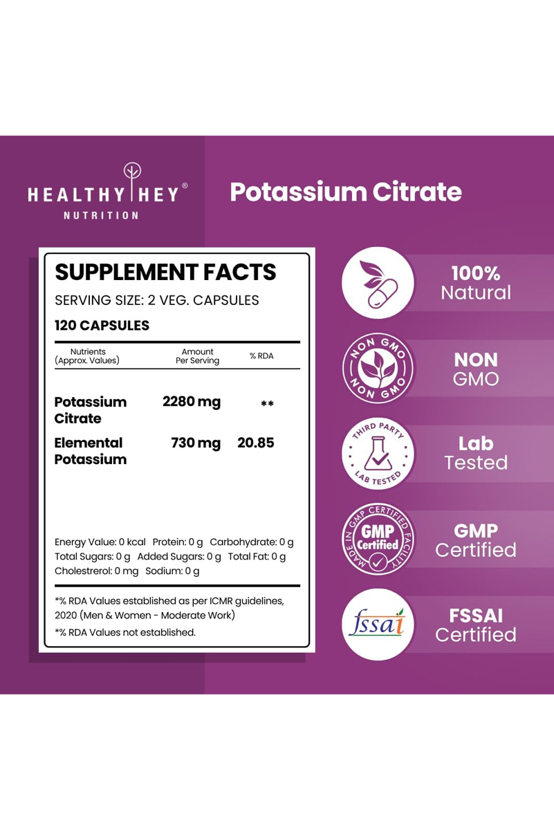 کپسول پتاسیم سیترات Healthyhey Nutrition - بسته ۱۲۰ عددی